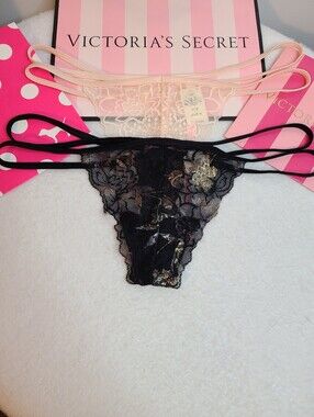 Retired VS PINK 2pk Floral Lace Strappy Side V-string Thong Panties Size M